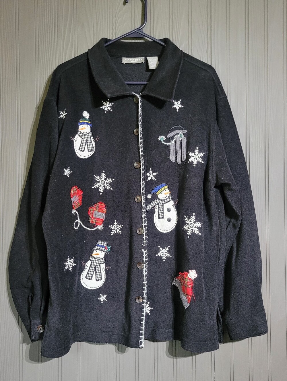 Capacity Button Down Fleece Cardigan Sweater Winter Print Black Women's 1X